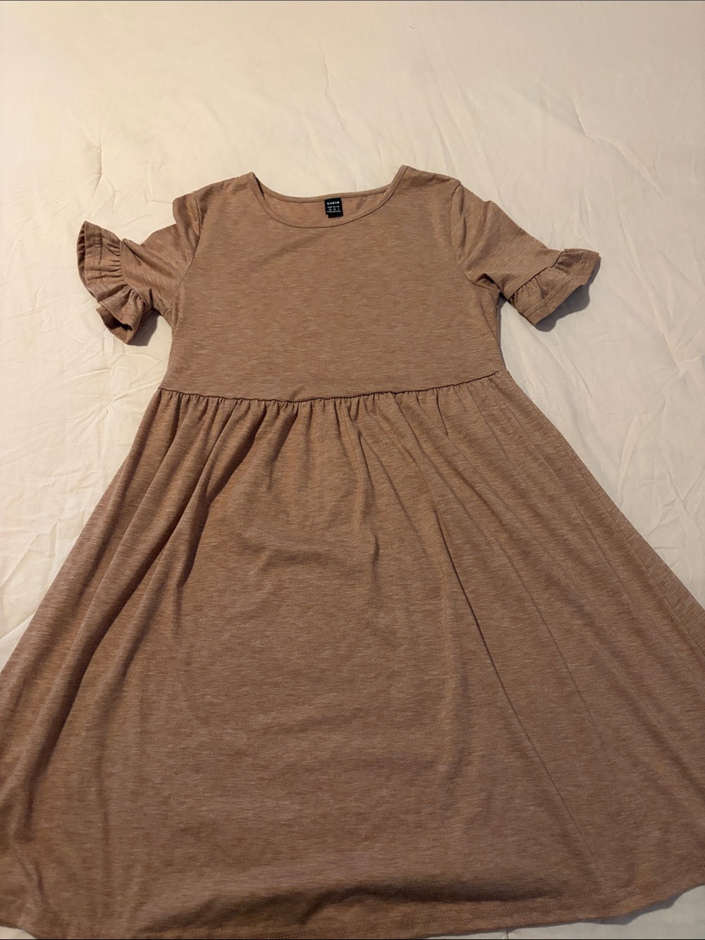SHEIN Tan Ruffle-Sleeve Mini Swing Dress